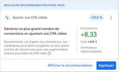 Vue du module d'ajustement de CPA cible sur Google PMAX